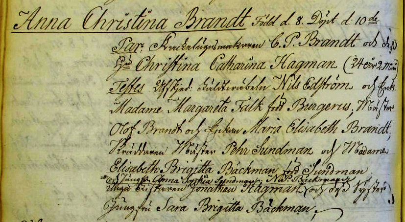 Udsnit af kirkebog, Daab af Anna Christina Brandt